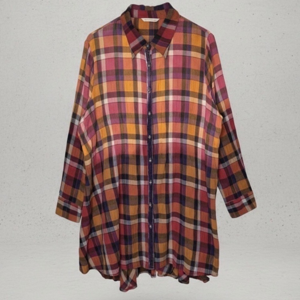 Soft Surroundings Plaid Button Front Tunic Swing Top Velvet Placket size XL